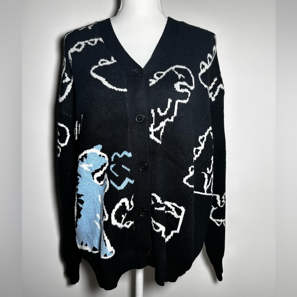 Sweaters - Cute Kawaii Cartoon Dinosaur Print Long Sleeve Loose Knitted Cardigan w Buttons